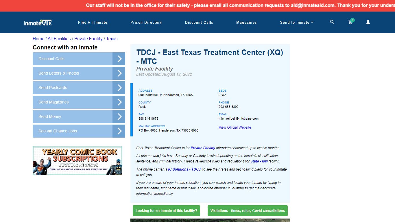 TDCJ - East Texas Treatment Center (XQ) - MTC - Inmate ...